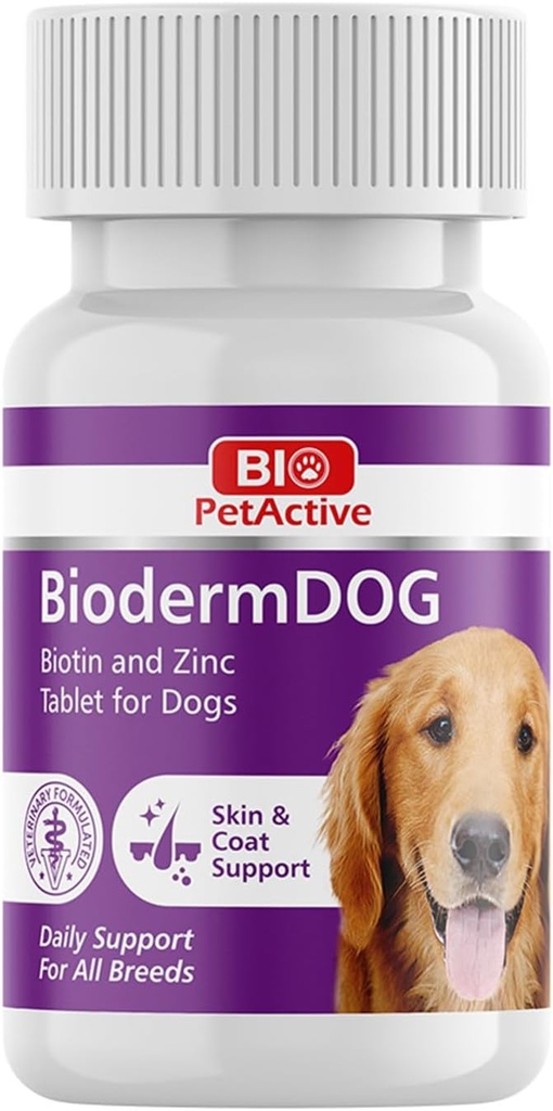 Bio Pet Active BiodermDOG 0, 5 Zink og biotin tabletter til hunde, Immunsystem, Hud, Coat og Nail Support til hunde, 1, 32 oz, 75 tyggetabletter