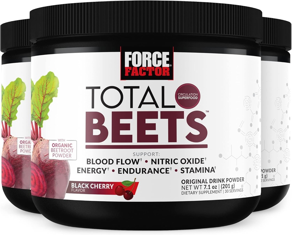 FORCE FACTOR Total Beets Superfood Beet Root Powder 3- Pack, Nitrater til Support Circulation, Blod Flow, Nitrooxid, Energi, Endurance, Stamina, Cardiovaskulær Heart Health Supplement, 90 Serveringer