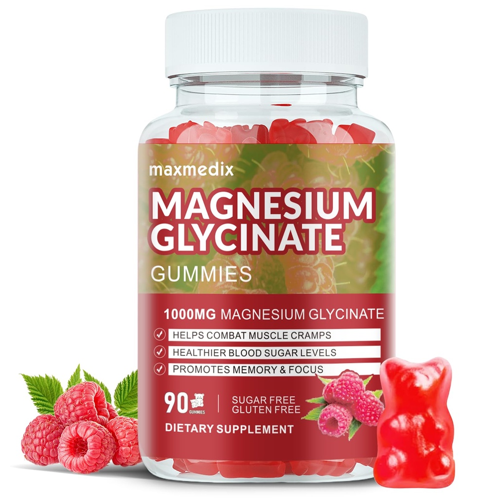 Magnesium Glycinat Gummies 1000mg, Sukker Free Magnesium Kalium Kosttilskud Chewable for voksne med L- Threonate til søvn, Body Support og Afslapning, 90 Raspberry Gummies