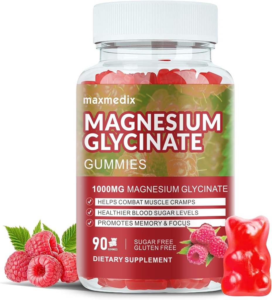 Magnesium Glycinat Gummies 1000mg, Sukker Free Magnesium Kalium Kosttilskud Chewable for voksne med L- Threonate til søvn, Body Support og Afslapning, 90 Raspberry Gummies