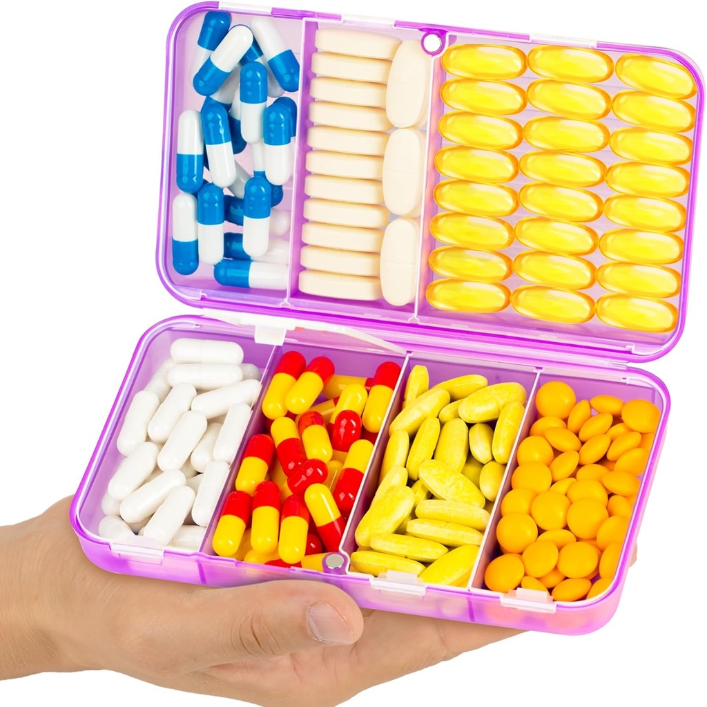 Yaklim Magnetic Travel Pill Organizer, 7 kompartmenter Portable Pill Box, Stor Vitamin Organizer med etiketter, Daglig Pill sag Medicine Organizer, Stort tillæg Organizer Magnet Pill Container Lilla