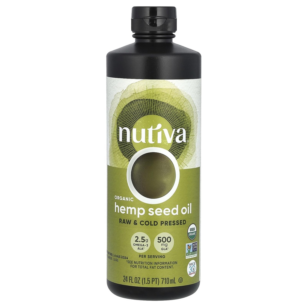 Nutiva Organic Cold- Pressed Uraffineret Rå Hampefrø olie, 24 Ounce, USDA Organic, Non- GMO, hel 30 Godkendt, Vegan, Gluten- Free & Keto, Rich In Omega 3 & 6 Fedtsyrer