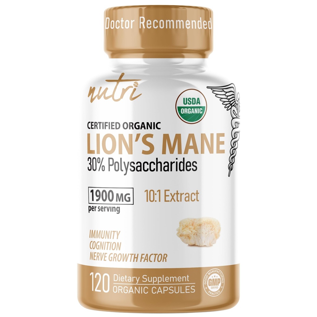Naturens Fusions Nutri Organic Lions Mane Supplement kapsler - 1900 mg, 10: 1 Dobbelt Udtrækning, 120 Greve - Mushroom ekstrakt (Fruiting Body) - Tredjeparts testet