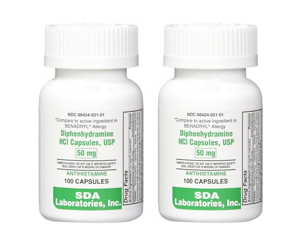 SDA LABORATORIES Diphenhydramin 50mg, Allergi Relief, Antihistamin kapsler, Hurtigvirkende formel for nysen, Runny Næse & Itchy Eyes - 100 Greve (2 Pack)