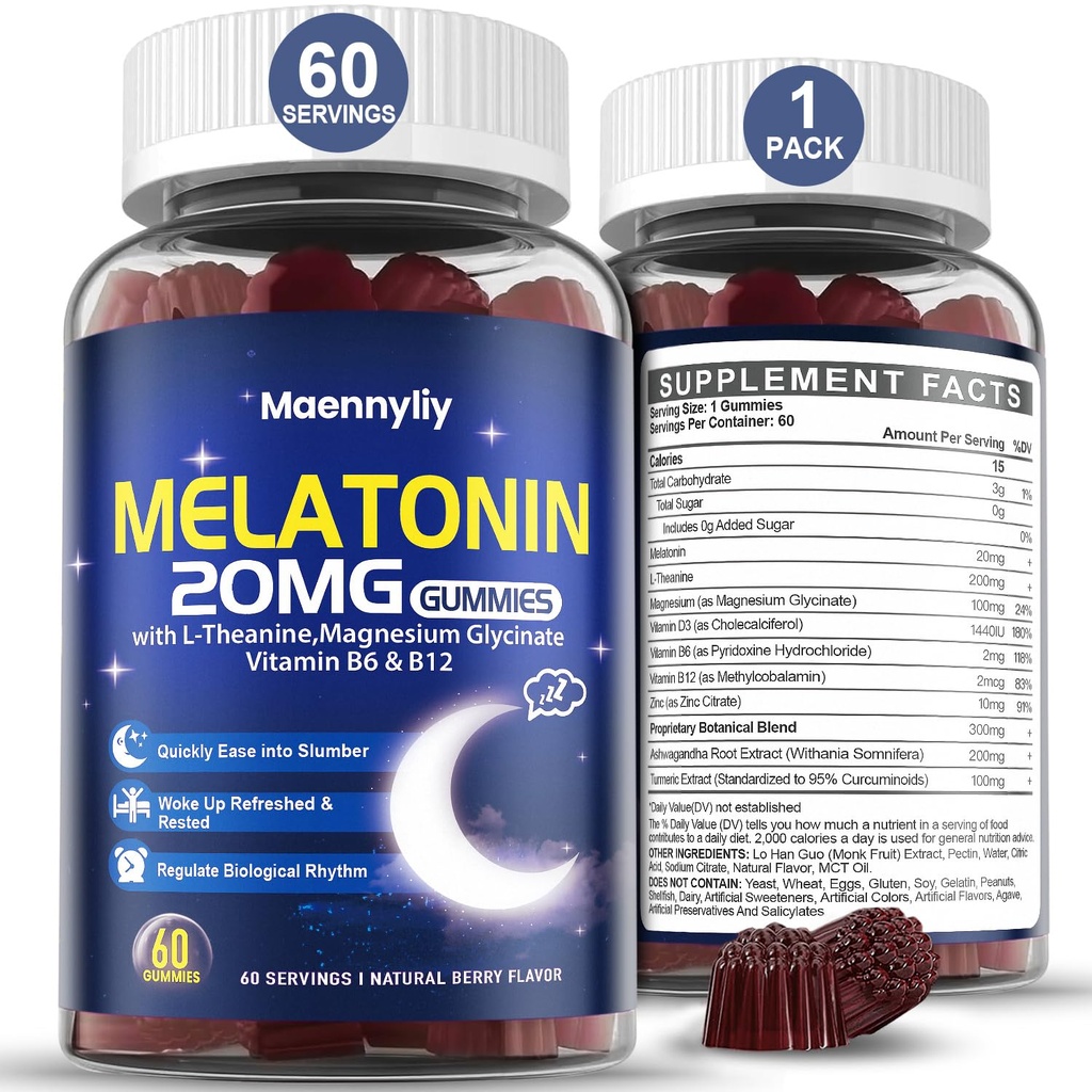 Melatonin 20mg Gummies til voksne - Sugar Free Melatonin Gummies Extra Styrke med L- Theanin, Magnesium, Ashwagandha, Gurkemeje, D3 & Zink - Ikke-Habit Forming