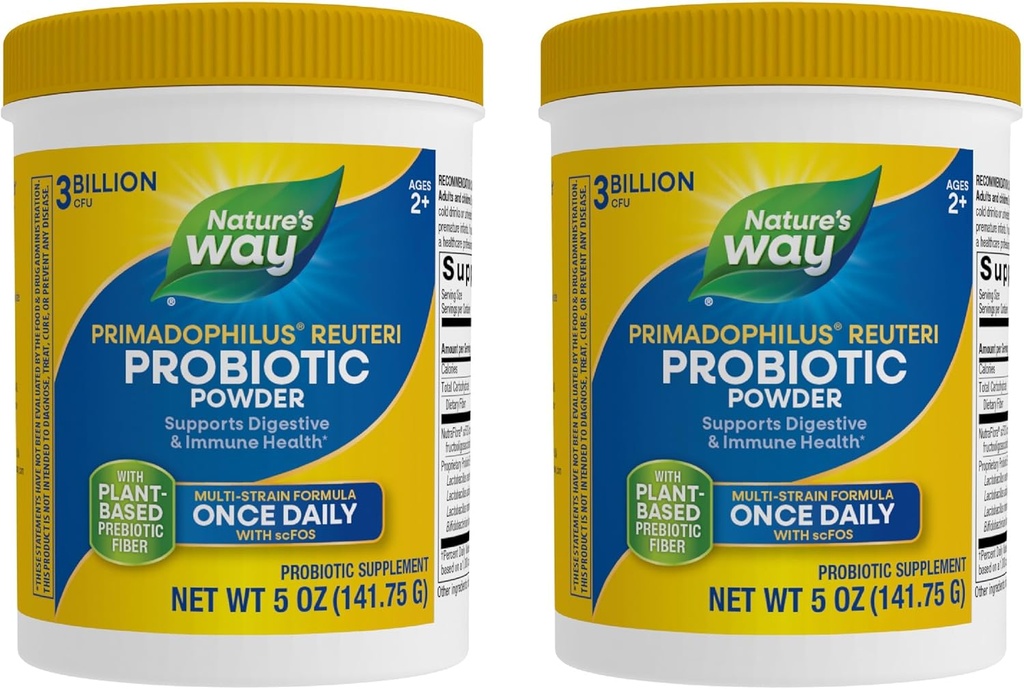 Nature 's Way Primadophilus Reuteri Probiotic Powder, Understøtter fordøjelse og immunforsvar *, Multi- Strain Formel, med Prebiotika, 3 milliarder levende kulturer, 5 Oz (Packaging May Vary) - 2 Pack