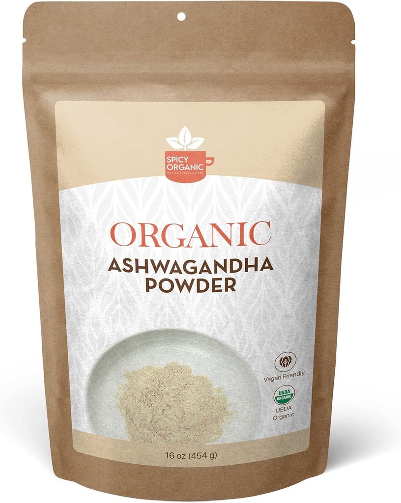 SPICY ORGANIC Organic Ashwagandha Root Powder - 1 lb., Non- GMO, 100% Rå fra Indien - Indisk Ginseng (Phelania Somnifera) - Naturlig Stress Support, Energi & Immunsundhed