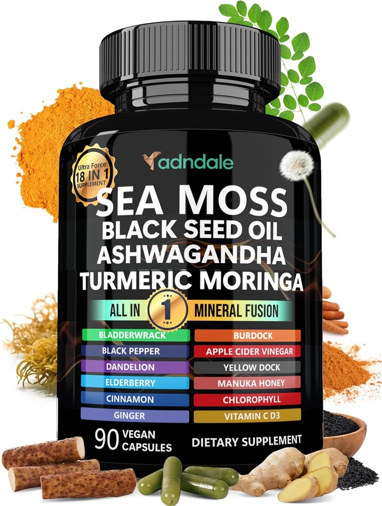 Adndale Sea Moss Black Seed Oil Ashwagandha Ginger Capsules. SeaMoss Kapsler med Black Seed Oil, Ashwagandha, Gurkemeje, Moringa, Bladderwrack, Burdock Root, Manuka Honey, Cinnamon