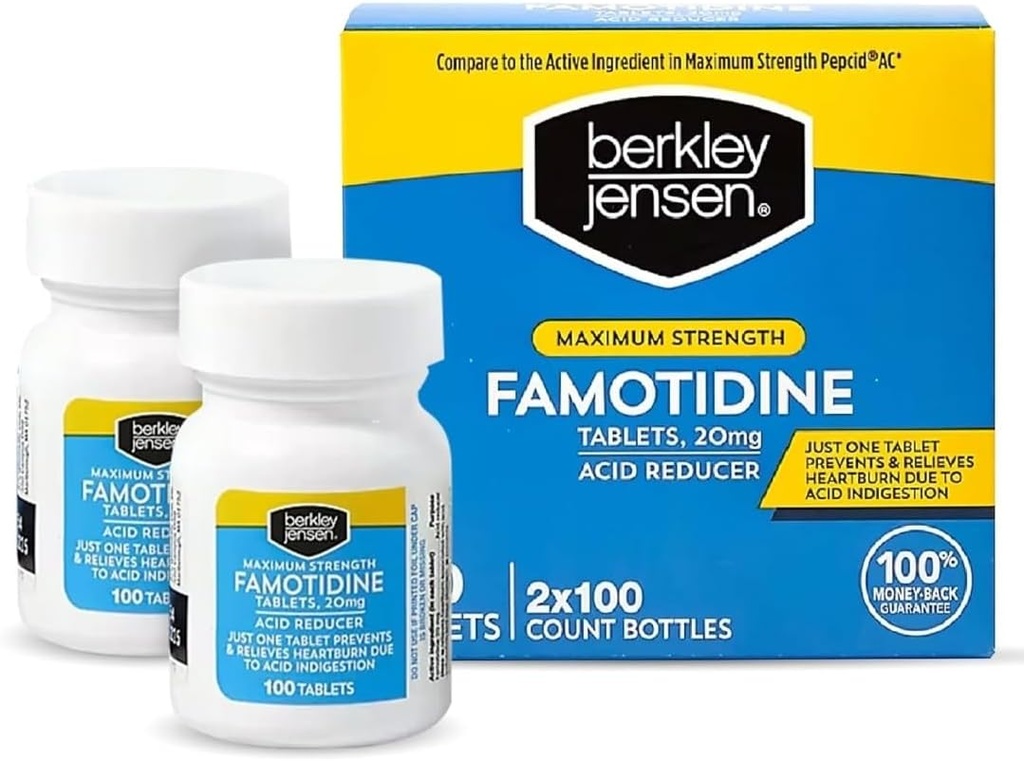 berkley jensen Maksimal styrke Famotidine 20 mg - (200 Greve), Acid Reducer Tablets, Relieves Meal- induced Heartburn & Acid fordøjelsessymptomer, All- Day Heartburn Prevention & Relief