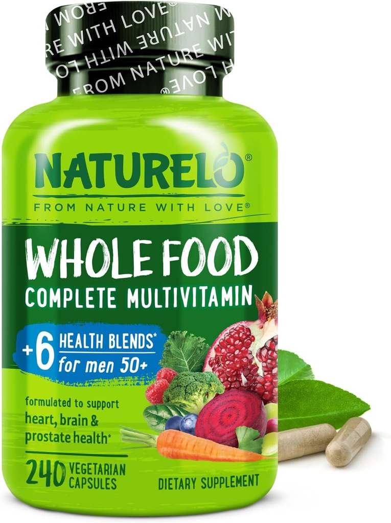 NATURELO hel mad Multivitamin til mænd 50 + - med vitaminer, mineraler, Organic Herbal Ekstrakter - Vegansk Vegetar - for energi, hjerne, hjerte og øje sundhed - 240 kapsler