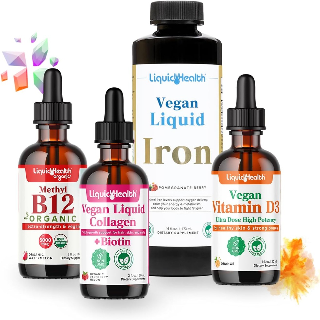 LIQUIDHealth Vegan Daily Essentials Vitamin Starter Kit med Organic Methyl B12 Drops, Vegan Flydende Collagen + Biotin, Flydende Jern, Vitamin D3 Drops - 100% Plantbaserede Vitamin Kosttilskud, Lavet i USA