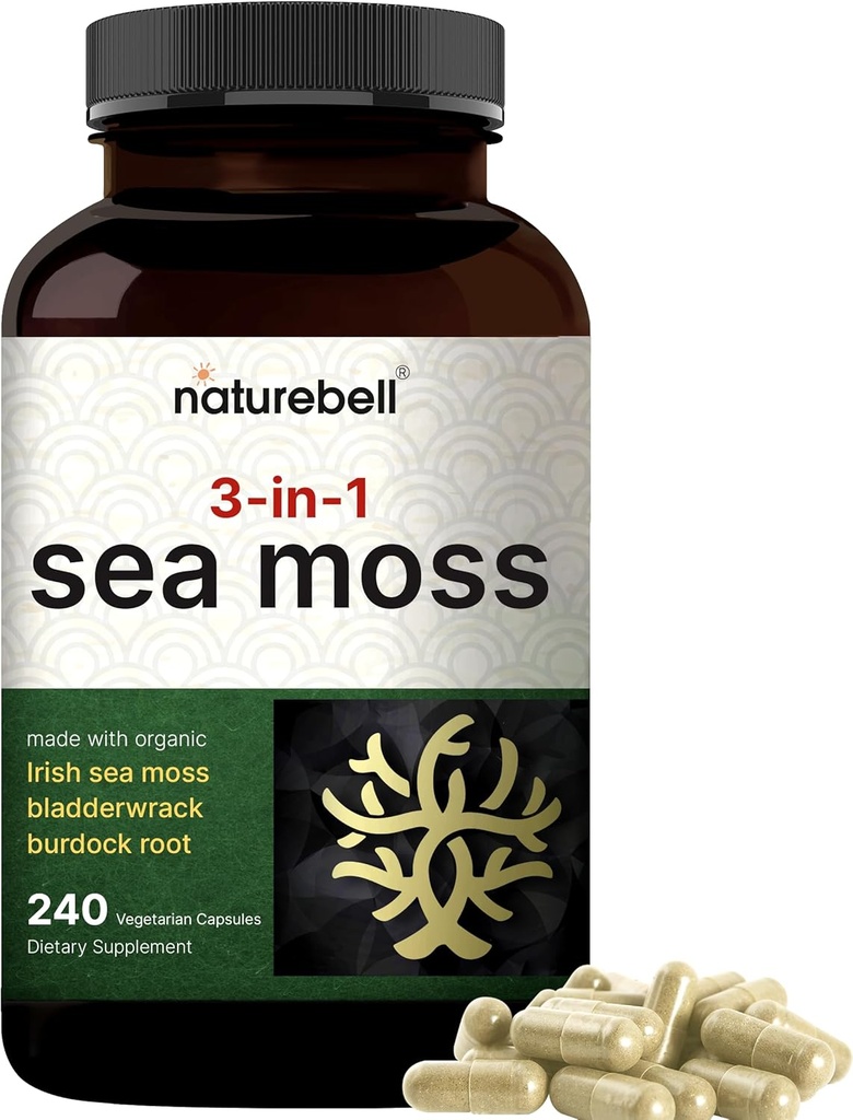 Irish Sea Moss Capsules, 3.000mg Per Serving, 240 Veggie Pills Note 124; Lavet med organisk råpulver, Plus Bladderwrack & Burdock Root, Sea vegetabilsk kompleks - Immunum & Thyroid Superfood Support - Non- GMO