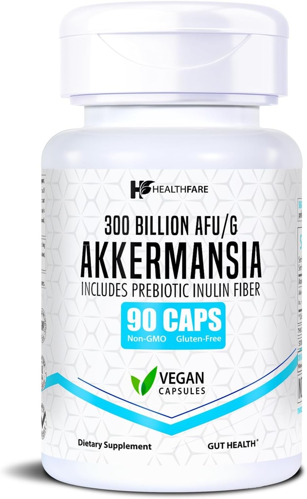 Healthfare Akkermansia Muciniphila Probiotic Name 124; 300 Millioner AFU # 124; 90 Vegan Kapsler # 124; Inulin Prebiotic for Gut Health & Digestive Support # 124; Non- GMO, Gluten- Free # 124; Lavet i USA