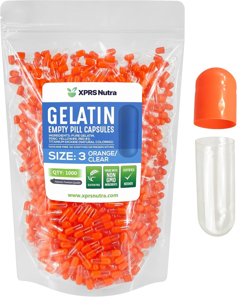 XPRS Nutra Størrelse 3 Tomme kapsler - 1000 Tomme Gelatine kapsler - Piller gør det - Pure Bovin Pill Gel Caps Fyldelig til Do- It- Yourself vitaminer og kosttilskud (Orange / Clear)