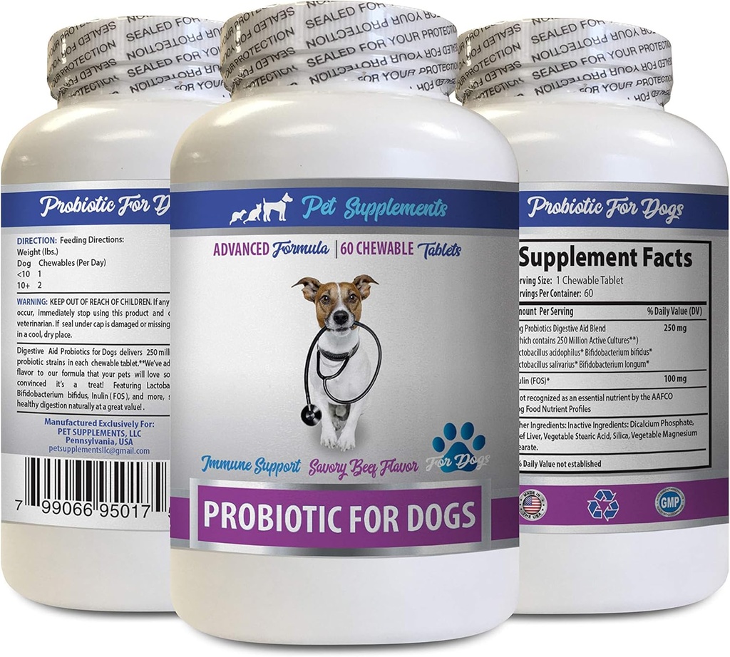 Hundefordøjelsesenzymer og probiotika - PROBIOTIK for hunde - Sund Gut - Stop Gas Diarré og dårlig ånde - fordøjelsesboost - Hundeprobiotika pulver - 1 flaske (60 Treats)