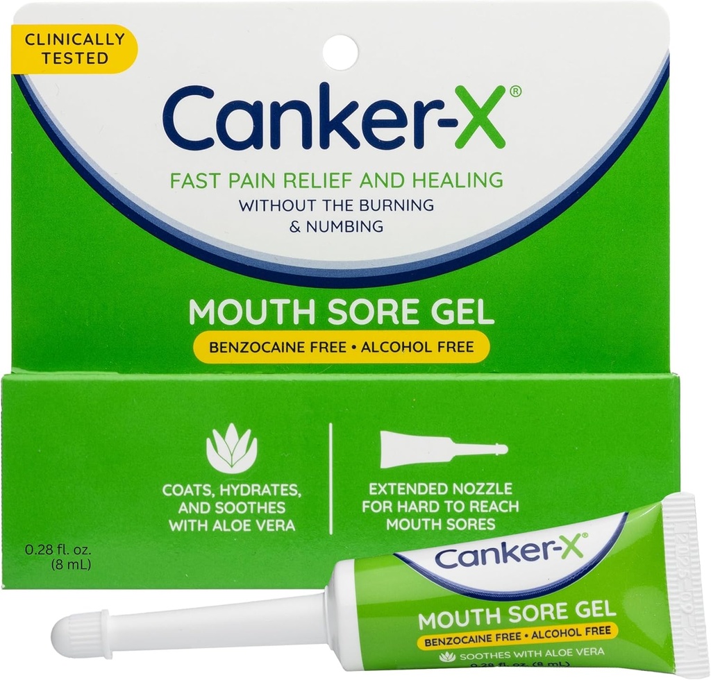 Canker-X Mouth Sore Gel, Fast Pain Relief & Healing for Canker Sores, Cheek Bites and Oral Abrasions, Oral Pain Relief Gel, Benzocaine-Free and Alcohol-Free, Adults and Kids 6+ Years, 0.28 fl oz