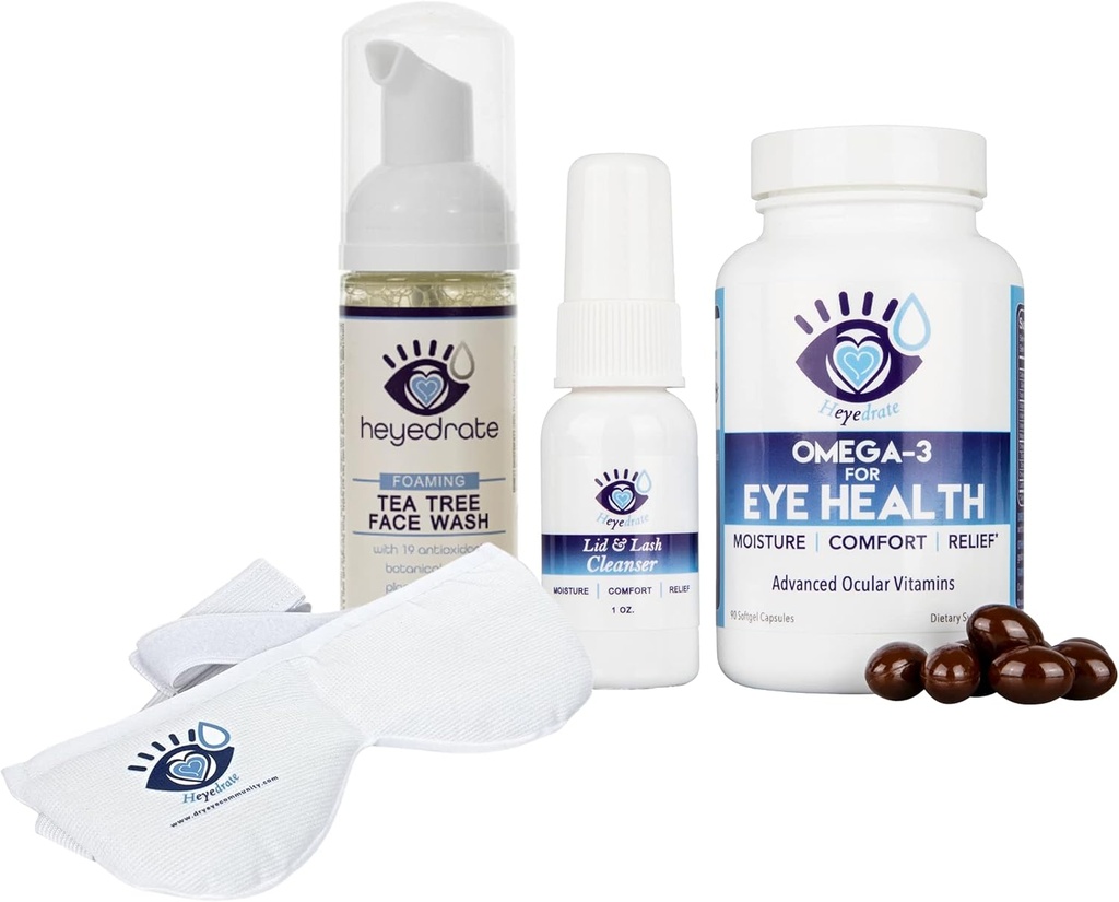 Heyedrate Triglyceride Omega 3 Fish Oil, opvarmet øjenmaske, Lid og Lash Cleanser skummende Tea Tree Face Wash Bundle for Eye Health, Giver Relief for Irriterede Øjne