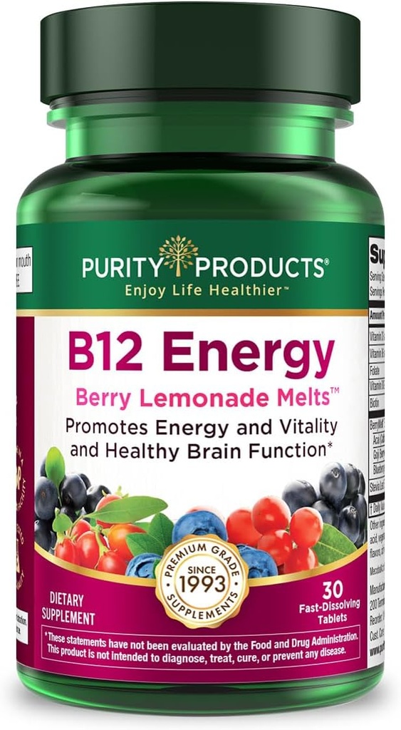 Renhedsprodukter B-12 Energy Berry Lemonade Smelt w / Super Fruits Methylcobalamin B12 - Vitaminer B6, D3, Folinsyre og biotin - Høj Absorption MecobalActive B 12- 30 smeltetabletter