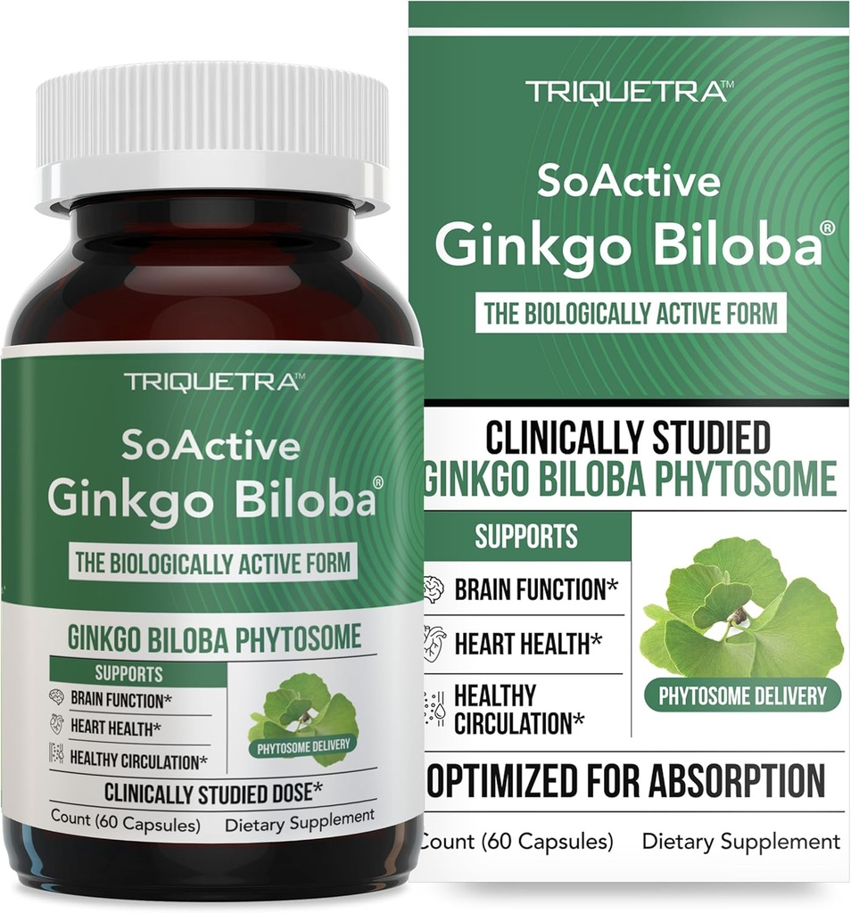 SoActive Ginkgo Biloba med GinkgoSelect ® Phytosome Note 124; Klinisk Studerede Forbedret Absorption for hjerne, Heart & Memory Support - 180 mg - Hjælper med at opretholde cirkulation og kognitiv sundhed (60 kapsler)