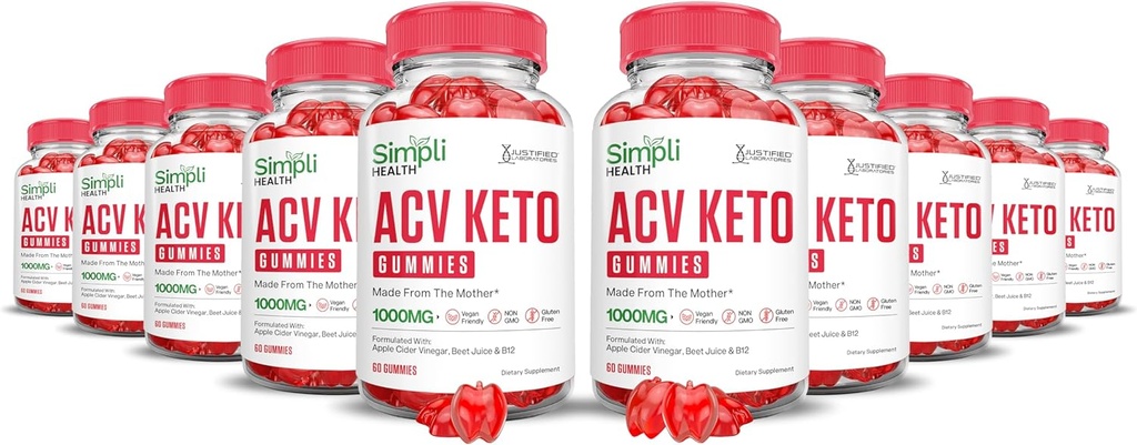 (10 Pack) Simpli Health Keto ACV Gummies Advanced Formel 1000MG Ketonature Keto Gummies Apple Cider Vinagar Formuleret med Pomegranate Beet Juice Powder B12 Vegan Non GMO 600 Gummys