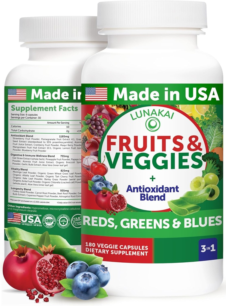 Lunakai USA Made Superfood Fruits & Veggies Supplement - All- in- One med 4 blends & Scented Kapsler, 180ct Super Veggie Kapsler for voksne