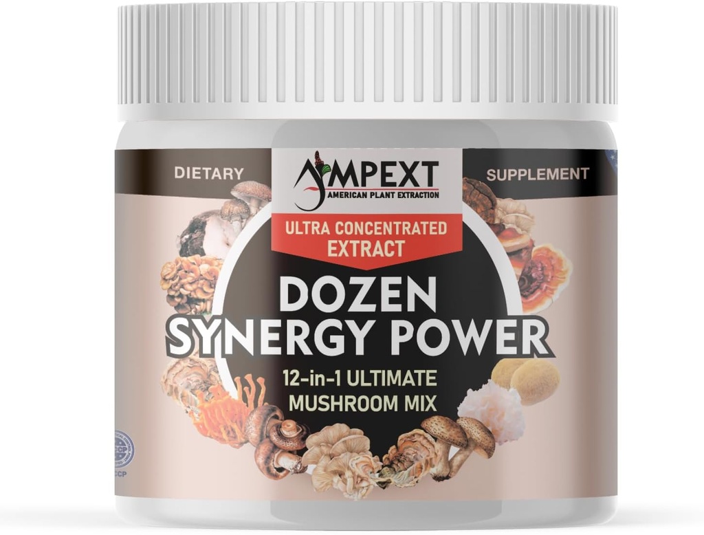 12- in-1 Dozen Synergy Power: Premium kompleks af 12 omhyggeligt udvalgte Fruiting Body Mushroom Ekstrakter, Support Immunitet, Kognitive & Kardiovaskulære funktioner