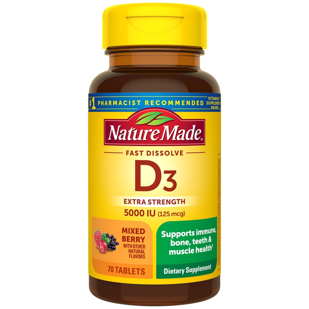 Nature Made Vitamin D3 5000 IE (125 mcg) Extra Strength, Vitamin D supplement til immunforsvar, 70 Sugar Free Fast Opløs tabletter, 70 dages forsyning