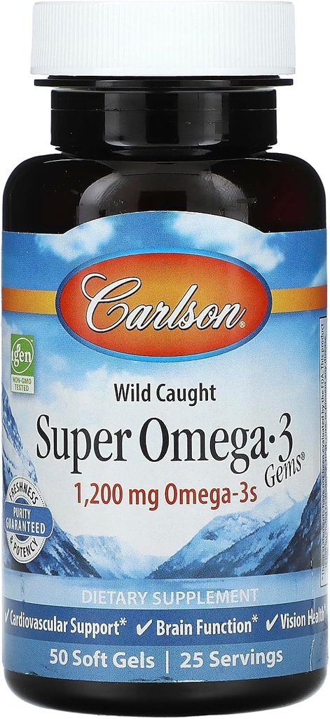 Carlson - Super Omega-3 Gems, 1200 mg Omega- 3s, Wild Fanget, Sustainable Sourced, 50 bløde geler
