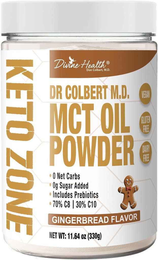 Divine Health Keto Zone ® MCT Oil Powder Meter 124; Gingerbread Mear 124; 330 G Meter 124; 30 Day Supply Mear 124; Dr. Colberts Keto Zone Diet Book Mear 124; Coffee Creamer Mear 124; 70% C8 30% C10 Mear 124; 0 Net Carbs