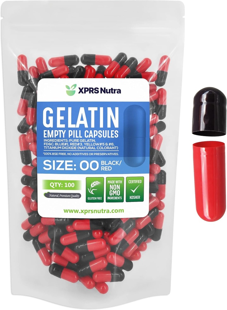XPRS Nutra Størrelse 00 Tomme kapsler - 100 Grev Tomme Gelatine kapsler - Piller gør det selv Capsule Fyldning - Fyldelige Pille Gel Caps til Do- It- Yourself Kosttilskud (sort / rød)
