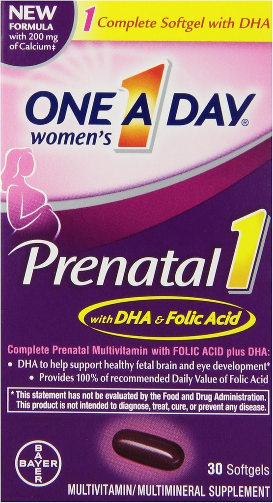 En dag Kvinder Prenatal 1 Multivitamin, supplement til før, under og efter graviditet, herunder Vitaminer A, C, D, E, B6, B12, og Omega-3 DHA, 30 Greve