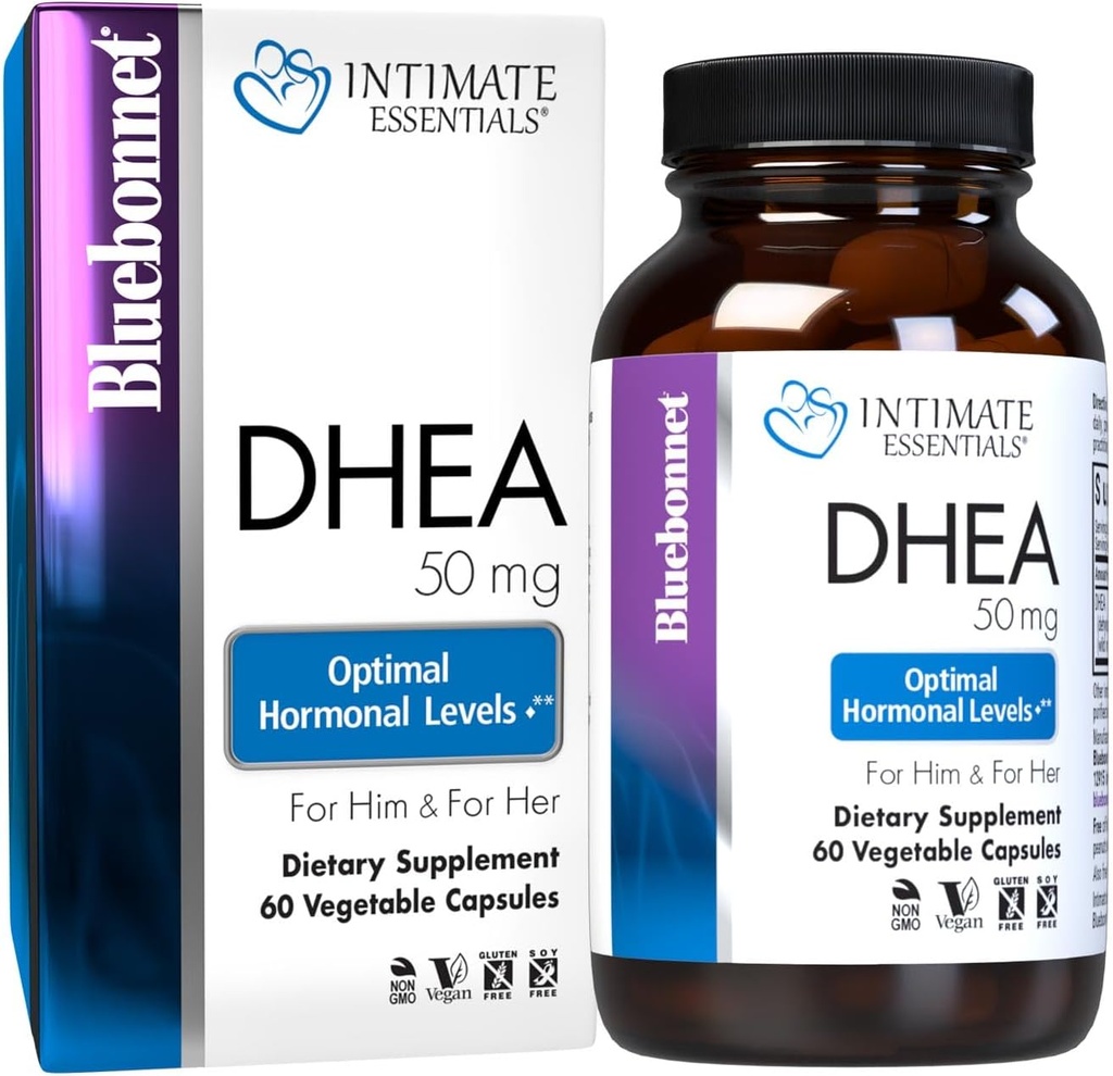 BlueBonnet Nutrition Intime Essentials DHEA 50mg, for Fertilitet Funktion og Optimal Hormone Niveauer i både mænd og kvinder *, Non- GMO, Vegan, Gluten- Free, 60 Vegetabilske kapsler, 60 Servering
