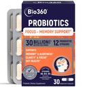 Bio360 Brain Kosttilskud til hukommelse og fokus - understøtter hjerne sundhed, mentalklarhed og alerness - kapsler med B5, B6 & B12- 30 Millioner CFU for immunitet, fordøjelse og Gut sundhed - 30 Tæl