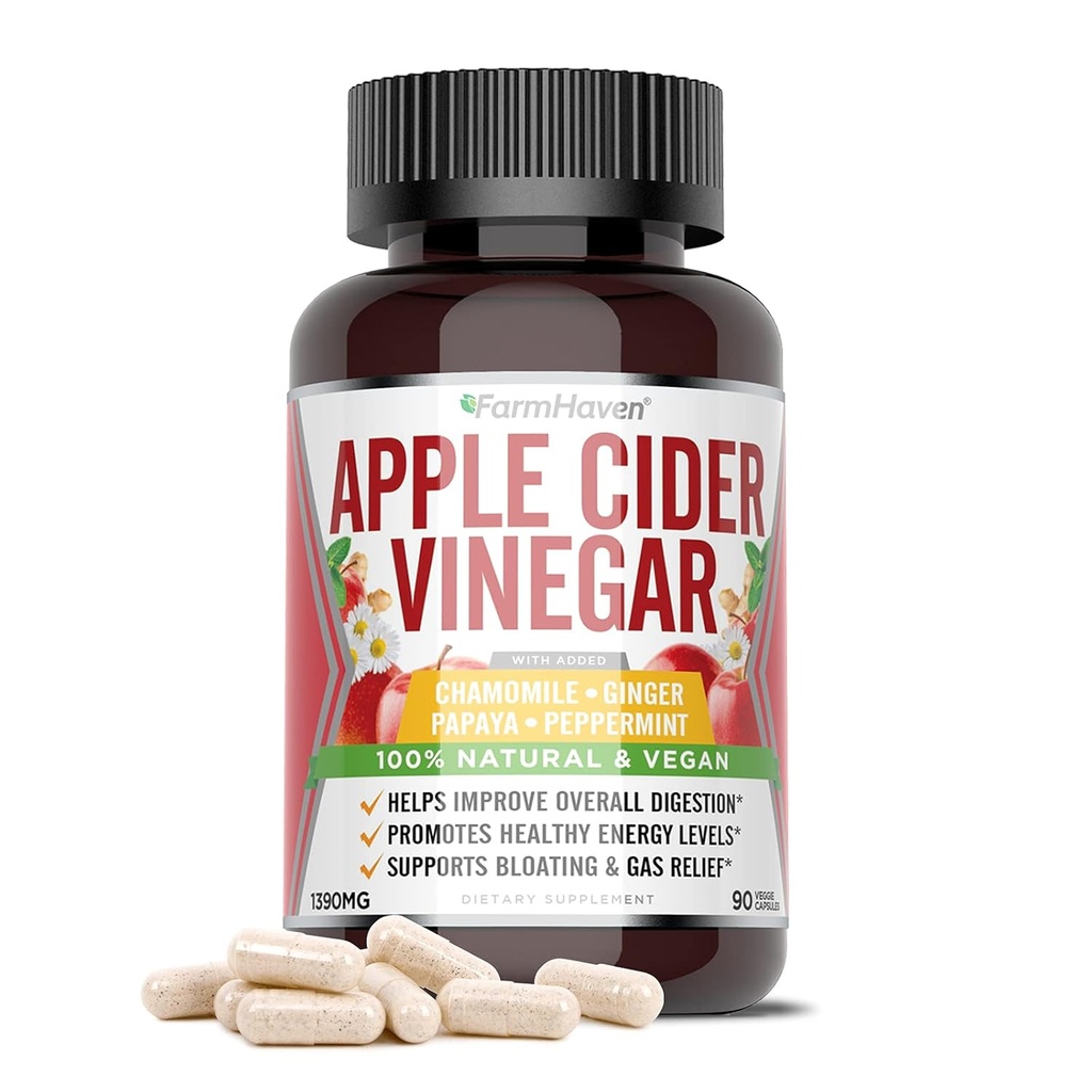FarmHaven Apple Cider Vineddike kapsler med mor, ACV kapsler med mor 1390MG, Apple Cider Vineddike piller med ingefær, Apple Vineddike piller til fordøjelse sund, Vineddike tabletter med mor