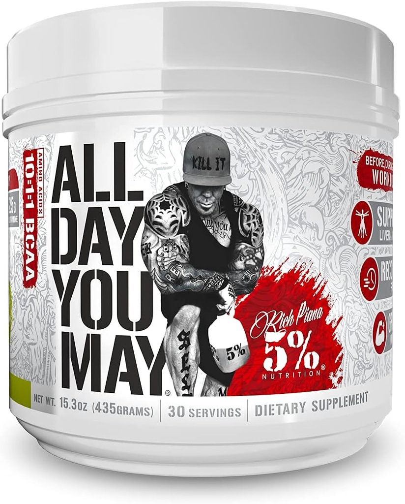 5% Nutrition Rich Piana AllDayYouMay BCAA Powder Б124; Premium Intra & Post Workout Aminosyrer, Hydration, Endurance, Muscle Recovery, Joint & Liver Support Б124; 15.3 oz, 30 Servere (Lemon Lime)