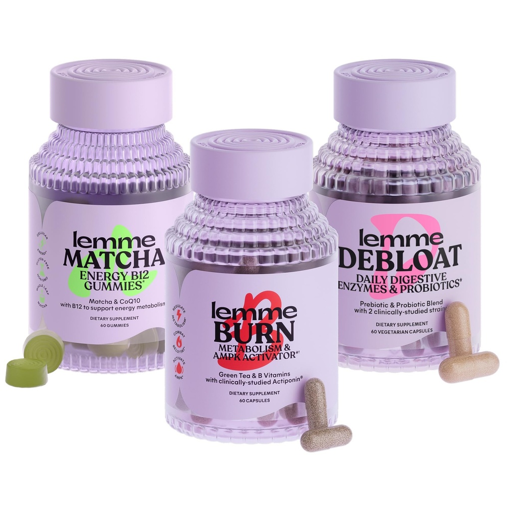 Lemme Burn, Debloat & Matcha Bundle - Metabolisme & Fat Burning Capsules + Bloating & Gas Relief Capsules + Energy B12 Gummies - Glutenfri, ikke-GMO - 60 ct. ea