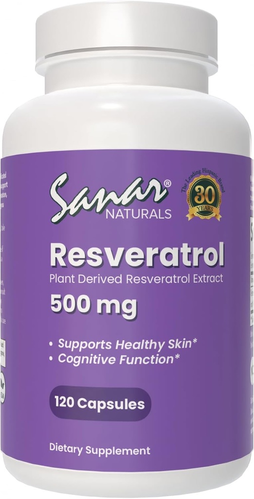 Sanar Naturals Resveratrol Supplement 500 mg - Understøtter sund aldring, kognitiv funktion, og hjerte sundhed - Plant baseret Trans Resveratrol - Vegan, ikke-GMO, 120 kapsler