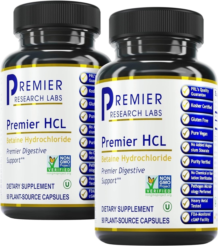 Premier Research Labs Premier HCL - Aids Nutrient Absorption & fordøjelsesfunktion - Kombiner med HCL Activator Supplement - Betaine HCL for fordøjelse - 90 Plant- kilde kapsler