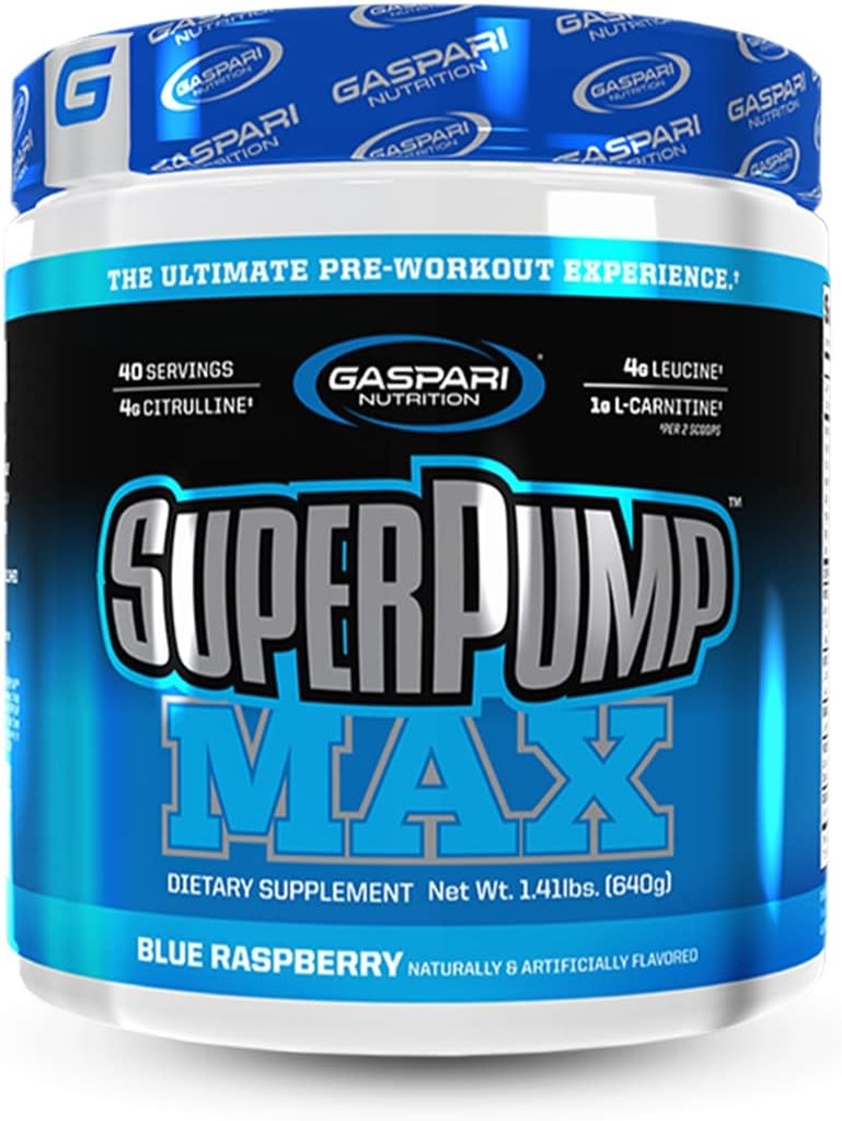 Gaspari Nutrition SuperPump MAX, Ultimate Pre Workout Pulver, Vedvarende energi Preworkout, Nitroxide Booster, Muskelvækst, Recovery & Replenises Electrolytes (40 Servering, Blå Raspberry Ice)