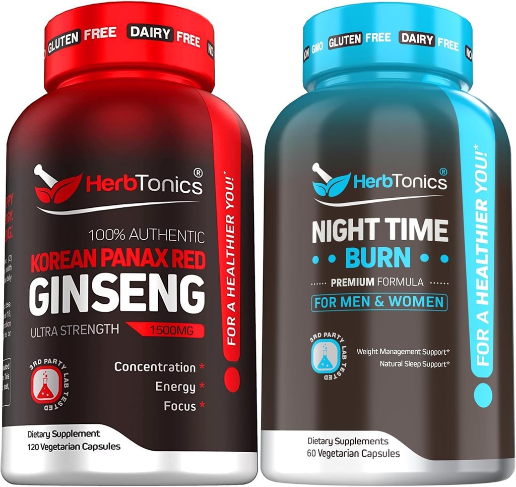 Koreansk rød Panax Ginseng 1500mg - Høj potens Ginseng for energi, ydeevne og immunforsvar til mænd og kvinder - nat tid vægt supplement med Melatonin til støtte søvn & Metabolisme