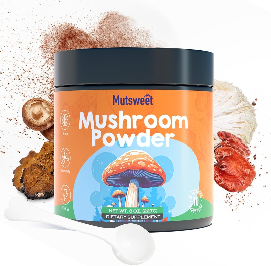 Mushroom Powder Blend (75 Servere), Ten Mushroom supplement med Lions Mane, Reishi, Cordyceps, Chaga, Mushroom pulver til kaffe alternativ, Matcha Buddy 124; energi, fokus, immunforsvar