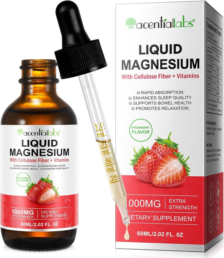 Magnesium Glycinat Flydende, Flydende Magnesium 1000Mg, Magnesium Drops, Flydende Magnesium Supplement, med Cellulose Fiber, Vitamin B6, C, D, Zink, fordøjelsessundhed, fremmer afspænding, Ingen Sukker, 2 Fl Oz