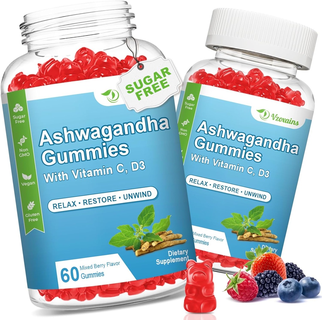 2 Pack Ashwagandha Gummies med D-vitamin til kvinder & mænd, Sukker Free Vegan 1000MG Ashwagandha Supplement Gummy & C-vitamin, 120 Tæl