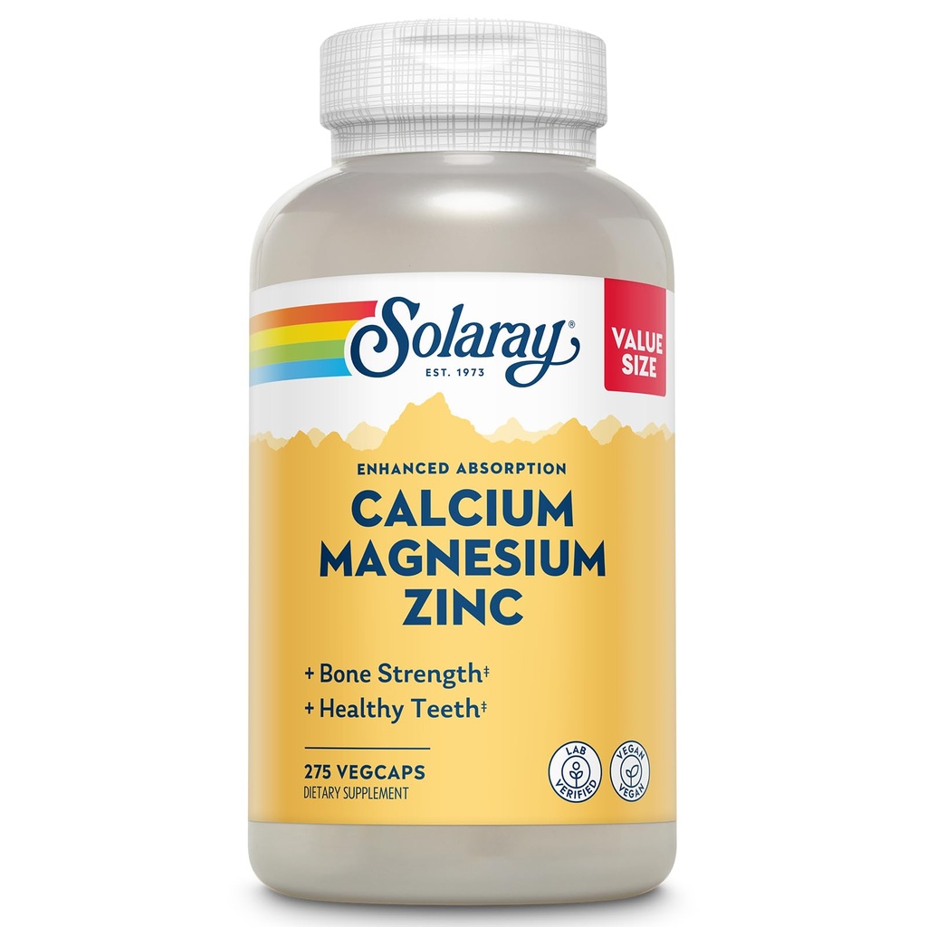 SOLARAY Calcium Magnesium Zink tillæg - med Calcium 1000mg, Magnesium 500mg - Knoglesundhed, muskelfunktion, hjerte sundhed og immunforsvar - Vegan, 60 dages garanti, 68 Servering, 275 VegCaps