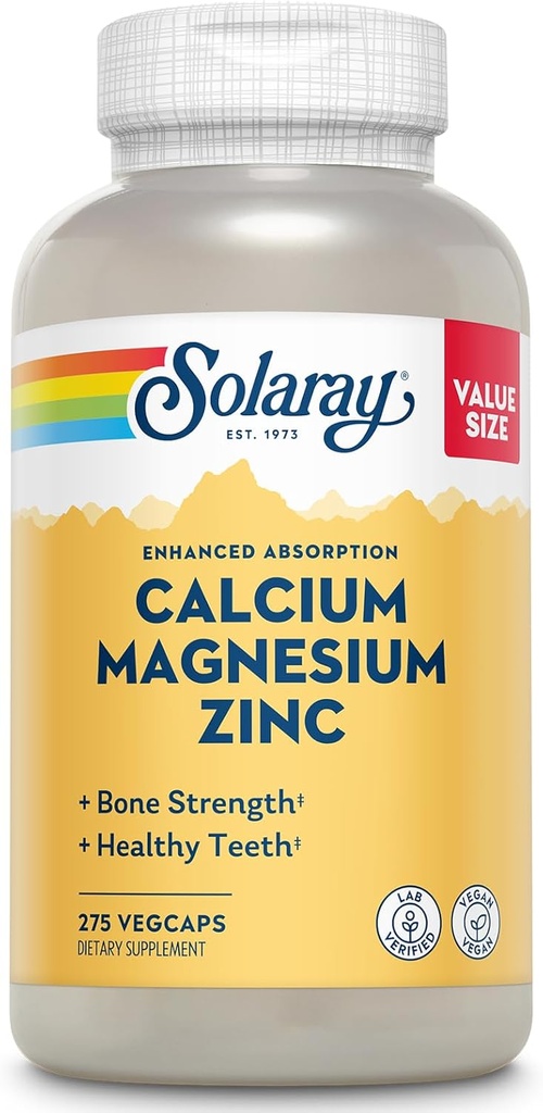 SOLARAY Calcium Magnesium Zink tillæg - med Calcium 1000mg, Magnesium 500mg - Knoglesundhed, muskelfunktion, hjerte sundhed og immunforsvar - Vegan, 60 dages garanti, 68 Servering, 275 VegCaps