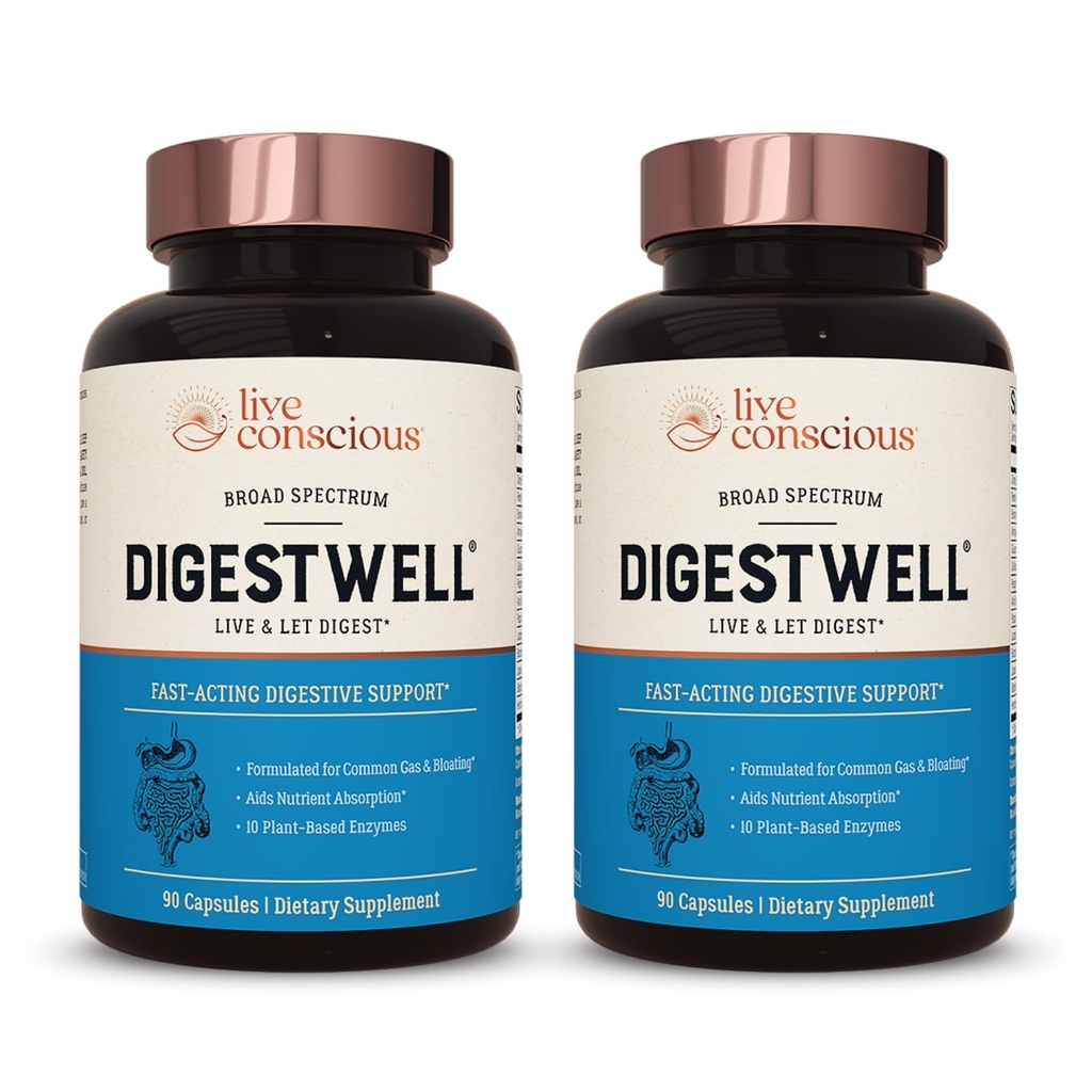 Live Conscious DigestWell øjeblikkelig støtte - Fast- Fungerende fordøjelsesstøtte 124; Broad Spectrum Enzyme, Probiotic & Herbal Formel - Nedsætter hverdagen Gas & Bloating - 90 kapsler (2 - Pack)
