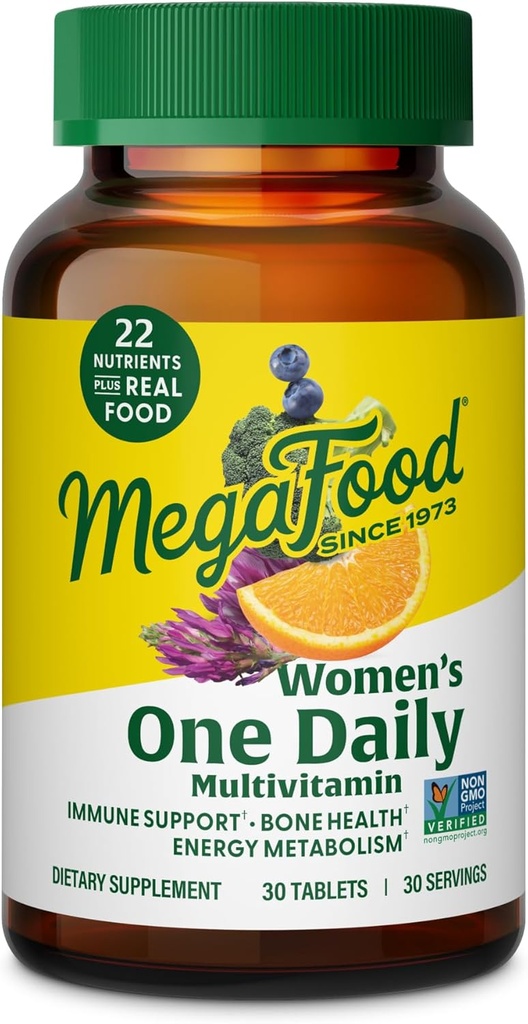 MegaFood Womens Multivitamin One Daily - Multivitamin for kvinder - C-vitamin, D-vitamin, jern & B-vitaminer - Knogler, Energi Metabolisme og immunforsvar - Vegetarisk, GlutenFree - 30 tabletter, 30 Servere