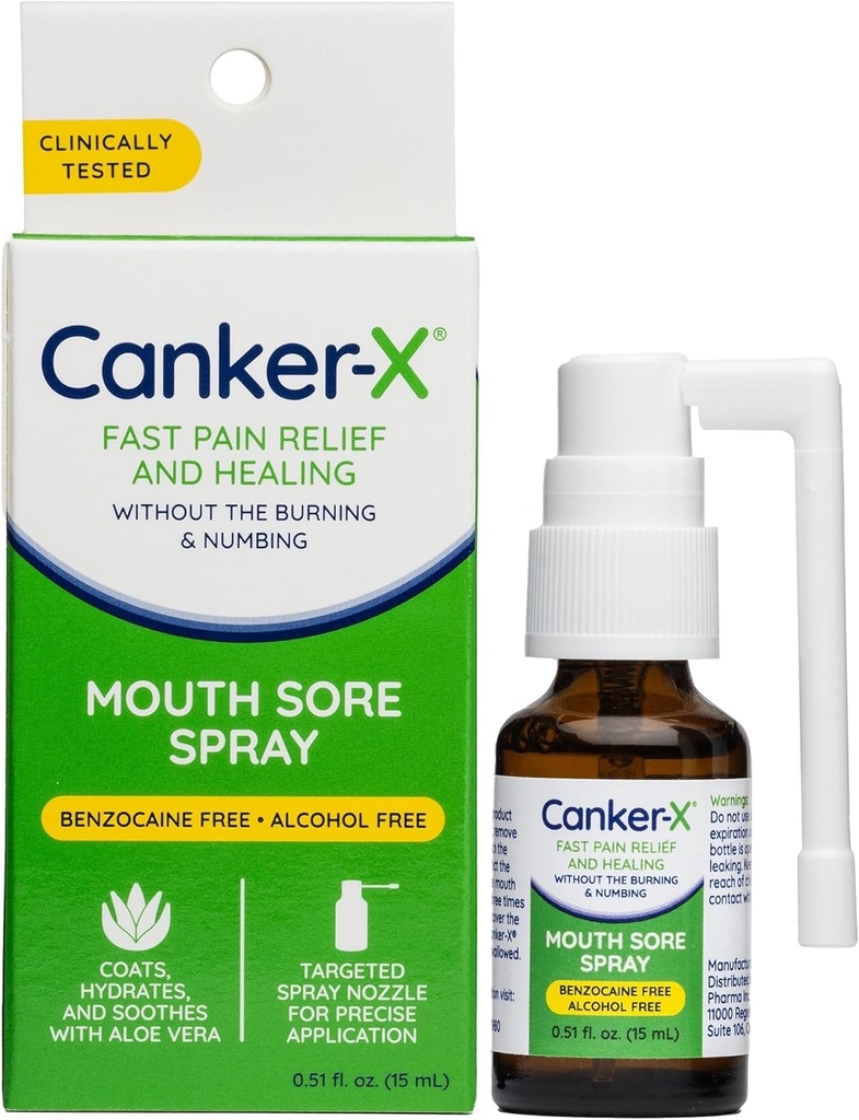 Canker- X Mouth Sore Spray, Oral Pain Relief fra Canker Sores, Burns & More, No Burning & Numbing, Benzocaine- Free & Alkohol- Free Mouth Ulcer Treatment, Targeted Spray Dyse, 0,51 Fl. Oz.