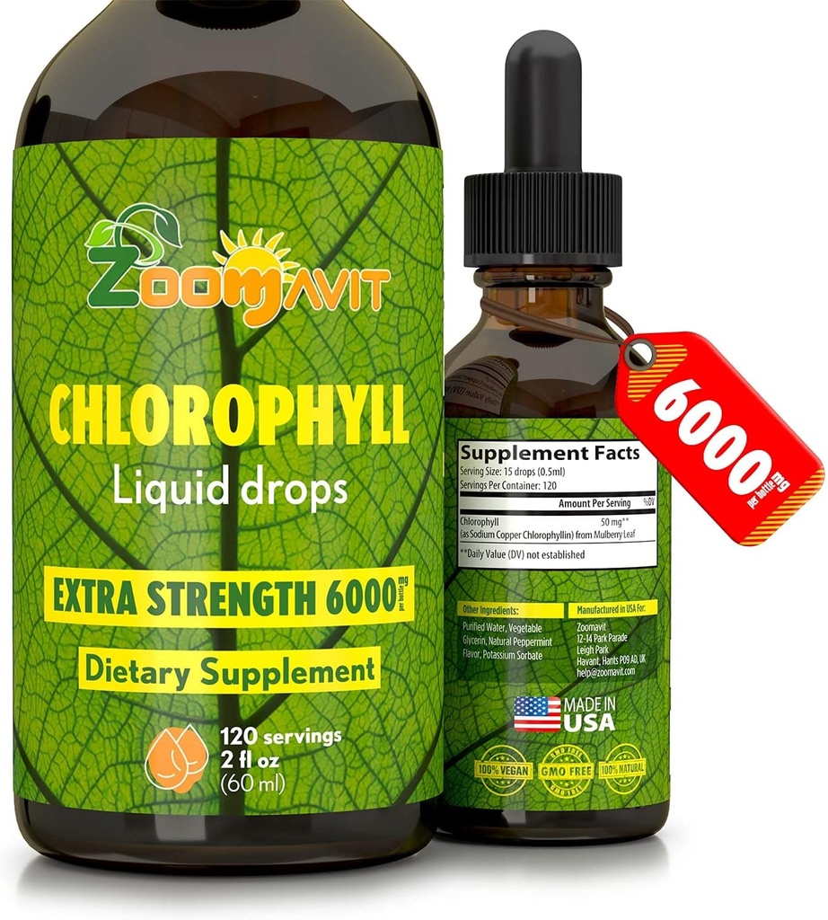 Chlorophyll Flydende dråber 100% Økologisk Vegan - Energi og immunsystem Booster tillæg med Mint Flavor til vand - Natural intern deodorant - Ekstra styrke 6000mg 120 Servere