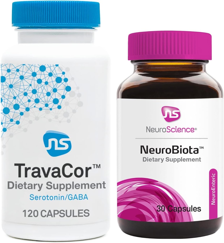 NeuroScience NeuroBiota (30 kapsler) + TravaCor (120 kapsler) Mood Support Bundle - Mood Probiotic + supplement til hjælp Reducere stress + Angst - Immunum + GI Sundhed (2 produkter)